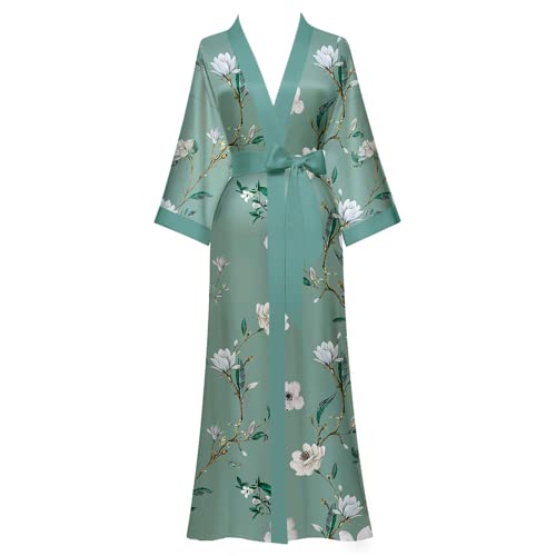 Damen Satin Kimono Morgenmantel Floral Muster Lang Robe Sommer Kimono Bademantel Damen Strandkleid Leicht Schlafmantel von Yemmert