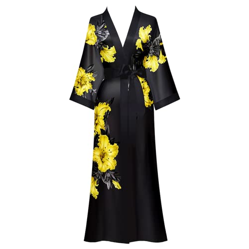 Damen Satin Kimono Morgenmantel Floral Muster Lang Robe Sommer Kimono Bademantel Damen Strandkleid Leicht Schlafmantel von Yemmert