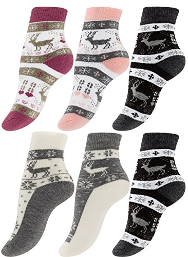 6 Paar Damen Thermo-Socken mit Innenfrottee, Winter Socken im Noweger Design, schwarz, rosa, grau von Yenita