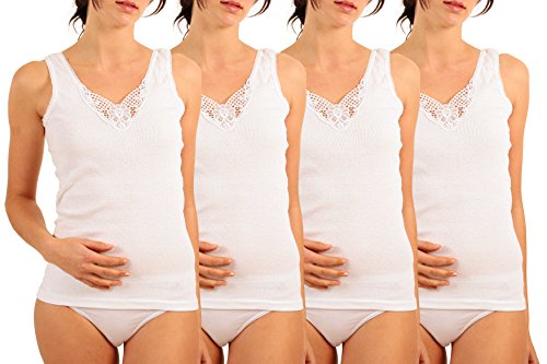 Yenita® 4er Pack Damen Unterhemd mit Spitzeneinsatz aus 100% Baumwolle, Gr. 52-54 von Yenita