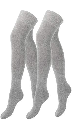 Yenita 2 Paar Damen & Mädchen Overknee Strümpfe Uni oder Ringel, lange Kniestrümpfe, Baumwolle (One Size, Grau Uni) von Yenita