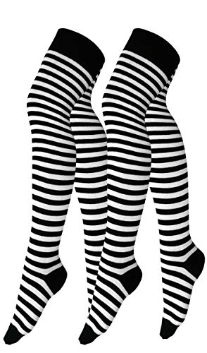 Yenita 2 Paar Damen & Mädchen Overknee Strümpfe Uni oder Ringel, lange Kniestrümpfe, Baumwolle (One Size, Schwarz/Weiss) von Yenita