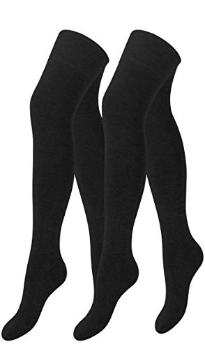 Yenita 2 Paar Damen & Mädchen Overknee Strümpfe Uni oder Ringel, lange Kniestrümpfe, Baumwolle (One Size, Schwarz Uni) von Yenita