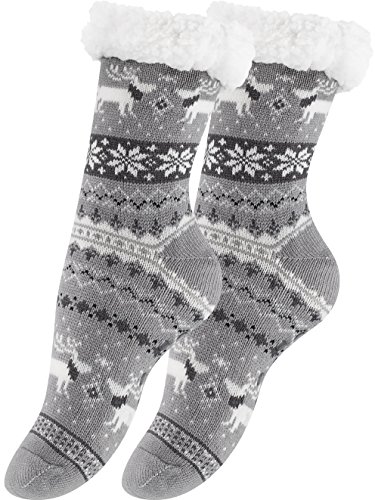 Yenita 2 Paar Hüttensocken mit weichem Innenfell und ABS-Sohle, Warme Winter Socken, grau von Yenita