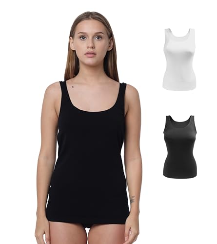 Yenita 2er Pack Damen Seamless Unterhemden, Nahtloses Tank Top in schwarz/Weiss, Gr. L von Yenita