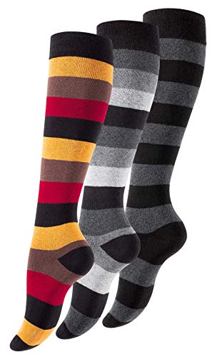 Yenita 3 Paar Damen Kniestrümpfe mit Breiten Blockstreifen, Baumwolle, Gr. 35-38 von Yenita