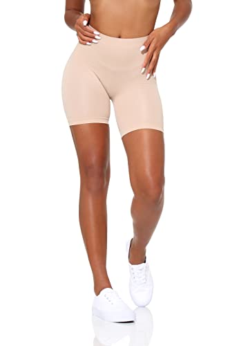 Yenita Damen Shorts Ribbed Collection, Radlerhose mit hohem Bund, Beige, Gr. M-L von Yenita