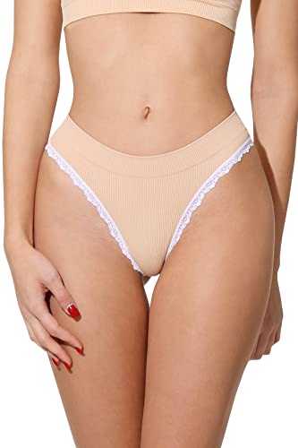 Yenita Damen Unterwäsche Ribbed Collection Lace, String mit Spitze, Beige in Gr. M von Yenita