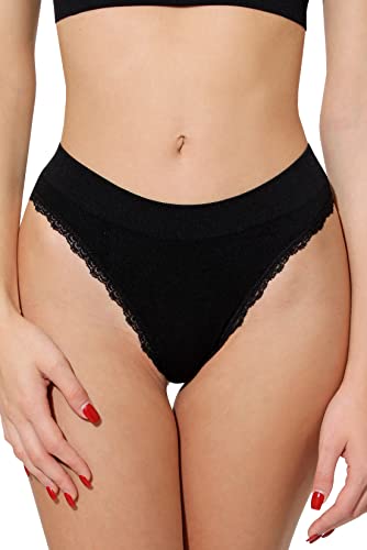 Yenita Damen Unterwäsche Ribbed Collection Lace, String mit Spitze, Schwarz in Gr. L von Yenita