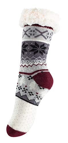 Yenita Hüttensocke mit Teddyfutter und ABS Sohle, Warme Norweger Kuschelsocken - One Size (One Size (36-41), Jumping Deer-Bordeaux) von Yenita