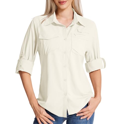 Yenwits Hemdbluse Damen UPF 50 UV Schutz Langarmshirt Atmungsaktiv Quick Dry Safari Kleidung Outdoor Wanderhemd Casual Tops für Reisen Sport Angeln Golf(5081,Apricot,XXL) von Yenwits