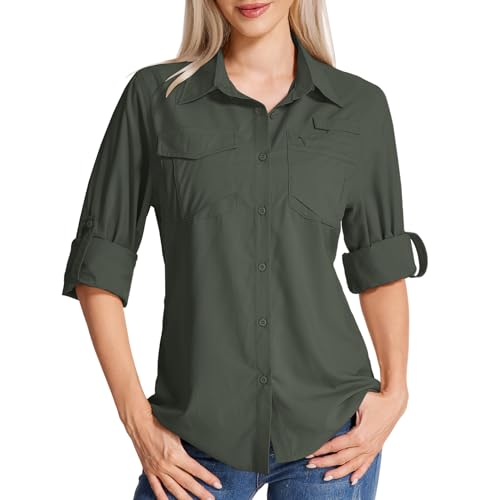 Yenwits Hemdbluse Damen UPF 50 UV Schutz Langarmshirt Atmungsaktiv Quick Dry Safari Kleidung Outdoor Wanderhemd Casual Tops für Reisen Sport Angeln Golf(5081,Army Green,M) von Yenwits