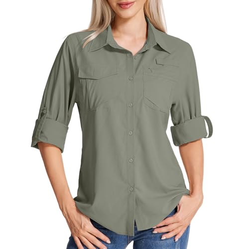 Yenwits Hemdbluse Damen UPF 50 UV Schutz Langarmshirt Atmungsaktiv Quick Dry Safari Kleidung Outdoor Wanderhemd Casual Tops für Reisen Sport Angeln Golf(5081,Grey Green,XL) von Yenwits