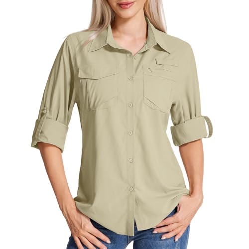 Yenwits Hemdbluse Damen UPF 50 UV Schutz Langarmshirt Atmungsaktiv Quick Dry Safari Kleidung Outdoor Wanderhemd Casual Tops für Reisen Sport Angeln Golf(5081,Khaki,S) von Yenwits