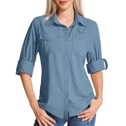 Yenwits Hemdbluse Damen UPF 50 UV Schutz Langarmshirt Atmungsaktiv Quick Dry Safari Kleidung Outdoor Wanderhemd Casual Tops für Reisen Sport Angeln Golf(5081,Ocean Blue,XL) von Yenwits