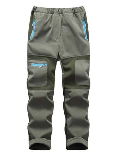 Yenwits Kinder Softshellhose gefüttert Skihose wasserdicht Thermohose Wanderhose Trekkinghose Schneehose Winter Outdoorhose Cargohose für Jungen und Mädchen（9056，Armeegrün,152-164 von Yenwits