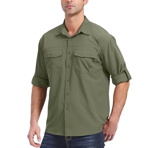 Yenwits Outdoor Hemd Herren Langarm Safari Hemd UV Schutz UPF 50+ Funktionshemd Atmungsaktiv Schnelltrocknend Freizeithemd für Wandern Angeln Trekkin（5051，Armee Grün，2XL） von Yenwits