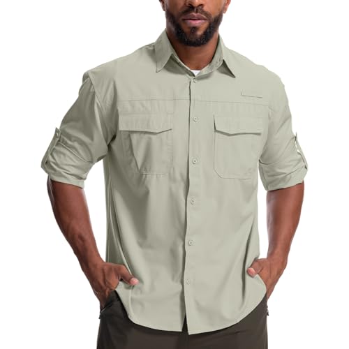 Yenwits Outdoor Hemd Herren Langarm Safari Hemd UV Schutz UPF 50+ Funktionshemd Atmungsaktiv Schnelltrocknend Freizeithemd für Wandern Angeln Trekkin（N5051，Hell Khaki，3XL） von Yenwits