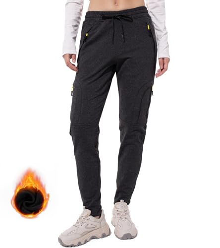 Yenwits Thermo Jogginghose Damen Warme Fleece Gefütterte Sporthose mit Reißverschlusstaschen Atmungsaktive für Winter Yoga und Freizeit(2082，Dunkelgrau，XL) von Yenwits