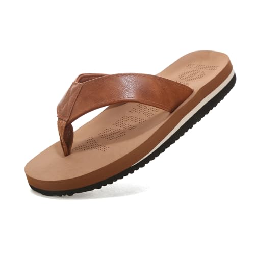 Flip Flops Badelatschen Herren, Bequem Rutschfest Leder Zehentrenner Hausschuhe, Sommer Strand Badeschlappen Sandalen, Braun, EU 42 von Yenxapei