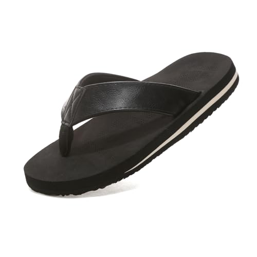 Flip Flops Zehentrenner Herren, Bequem Rutschfest Leder Pantoletten Hausschuhe, Sommer Strand Badeschlappen Sandalen, Schwarz, EU 45 von Yenxapei