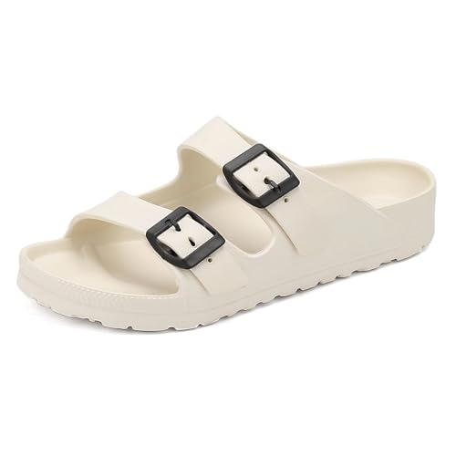 Pantoletten Damen Sommer Herren Weich Sandalen Bequem Cozy Slides Original Schlappen Foam Hausschuhe Sommerschuhe Mules Clogs Rutschfeste Badelatschen Orthopädische Sandale, Weiß, EU 43-44 von Yenxapei