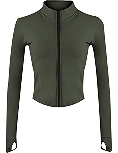 Yeokou Damen Active Zip Up Running Workout Cropped BBL Athletic Jacke mit Daumenlöchern, Army Grün, M von Yeokou