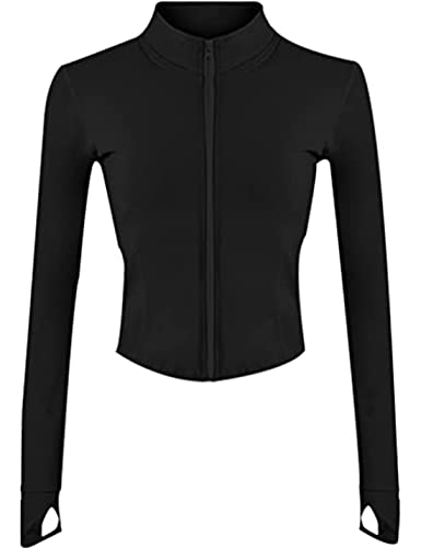 Yeokou Sportliche Damen-Sportjacke mit Reißverschluss und Daumenlöchern, Schwarz, S von Yeokou