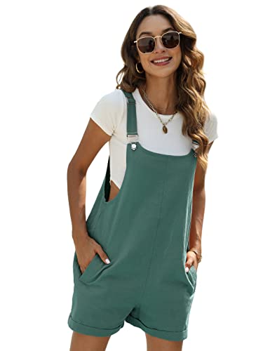 Yeokou Damen Baumwolle Leinen Kurz Overalls Casual Sommer Bib Shortalls mit Taschen, Dunkelgrün, Large von Yeokou