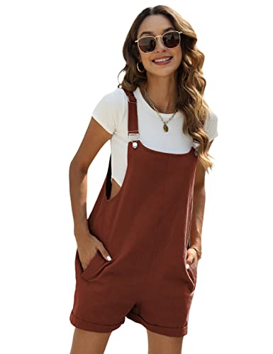 Yeokou Damen Baumwolle Leinen Kurz Overalls Casual Sommer Bib Shortalls mit Taschen, rot, Medium von Yeokou