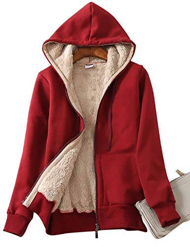 Yeokou Damen Casual Winter warm Sherpa gezeichneter Zip Up Kapuzen-Sweatshirt-Jacken-Mantel Large Weinrot von Yeokou