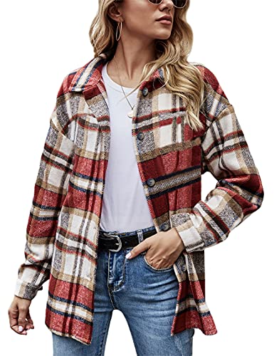 Yeokou Damen Casual Wolle Langarm Button Down Plaid Shacket Shirt Jacke Tops - Rot - Mittel von Yeokou