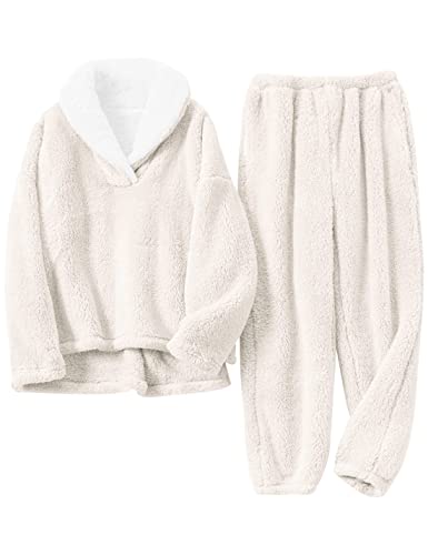 Yeokou Damen Fleece Pyjama Sets Flauschige Nachtwäsche Warm Sherpa Pullover Hose mit Taschen, Beige, M von Yeokou