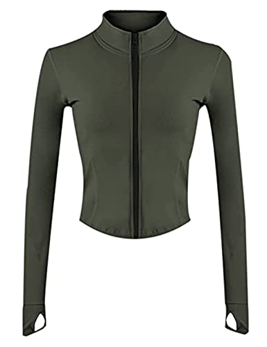 Yeokou Damen Sportjacke mit Reißverschluss und Daumenlöchern, Army Grün, XL von Yeokou