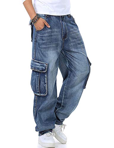 Yeokou Herren Casual Lose Hip Hop Denim Arbeitshose Jeans mit Cargotaschen, hellblau, 46 von Yeokou
