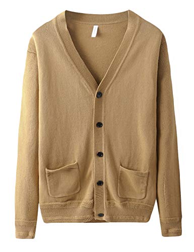 Yeokou Herren Strickjacke mit V-Ausschnitt, Knopfleiste und Tasche - Khaki - Mittel von Yeokou