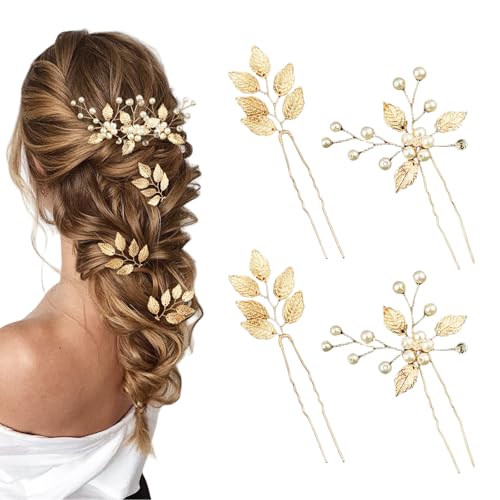 Yeomju 4 Stück Braut Haarnadeln Goldene Blätter Kristall Perlen Vintage Kopfstück Hochzeit Haaraccessoires Schmuck Mit Strass Für Bräute Brautjungfern Blumenmädchen von Yeomju