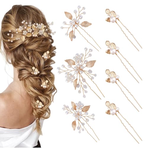 Yeomju 6 Stück Braut Haarnadeln Goldene Blätter Kristall Perlen Vintage Kopfstück Hochzeit Haaraccessoires Schmuck Mit Strass Für Bräute Brautjungfern Blumenmädchen(4 Stile) von Yeomju