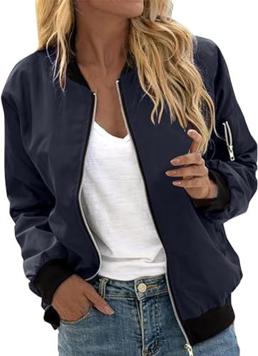 Yeooa Damen Baseball Jacke Frühling Übergang Damen Leichte Reiß verschluss Jacke kurze lange Ärmel College Style Jacke Damen Bomber jacke (Blau,S) von Yeooa