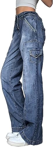 Damen High Waist Loose Y2K Harajuku Vintage Hose Taillierte gerade Hose Jeans Jeans Multi-Pocket Arbeitshose Bootcut Boyfriend Freizeithose (Blau,M) von Yeooa
