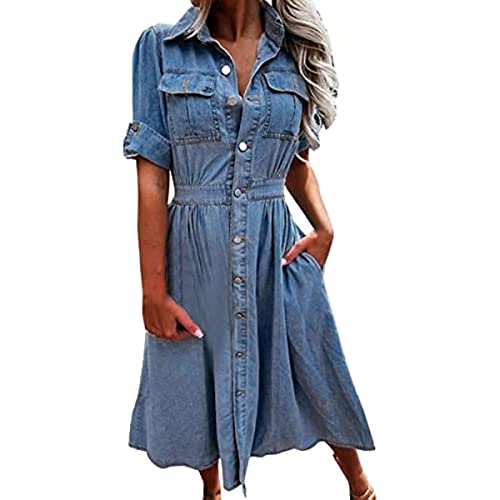 Damen Sommer Freizeit Kleid langärmlig mit Jeansstoff Knopfleiste hoher Taille A-Linie und Taschen Jeanskleid (A-Blau,L) von Yeooa