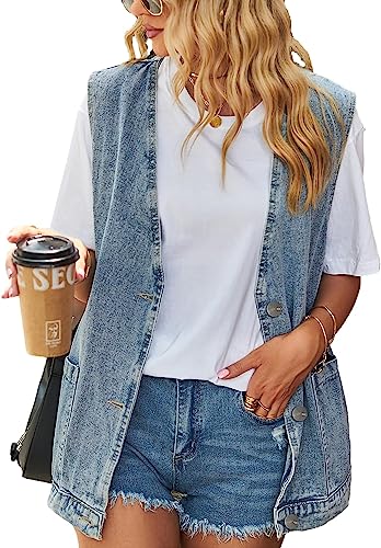 Damen Sommer lockerer Jeansweste übergroße ärmellose Jeansweste lässige Schnalle mit Tasche Denimweste in großen Größen Streetwear (Blau,XXL) von Yeooa