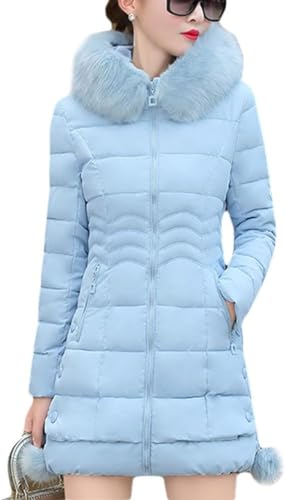 Damen gesteppt lange Winterjacke leicht verdickt mit Kapuze Daunenmantel elegant Business Outing Windbreaker weich Parka mit Taschen (Blau,XXL) von Yeooa