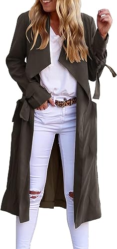 Damenmode Elegante Revers Lange Ärmel Dünne Jacke Trenchcoat mit Gürtel Lässig Solide Farbe Lange Leichte Jacke Mantel mit Taschen (Kaffee,L) von Yeooa