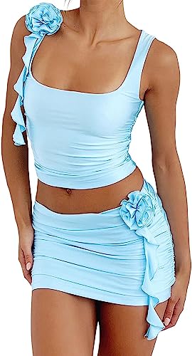 Frauen Sexy ärmelloses Unterhemd Zweiteilige Schleife Holzmaserung Unterhemd offener kurzer Rock Paket Hüfte kurzer Abschnitt Set Party Jumpsuit (A-Blau,M) von Yeooa