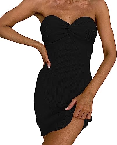 Frauen Sommermode Minikleid sexy rückenfreies A-Linien-Kleid eng anliegendes Gerafftes trägerloses Kleid Party-Cocktail-Kleid (Schwarz,L) von Yeooa