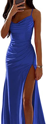 Frauen Spaghetti Strap Satin Kleid Elegante Meerjungfrau Kleid Lange A Linie Ärmelloses Kleid Sexy Hüfte Off Schulter Kleid Schlitz (Blau,M) von Yeooa