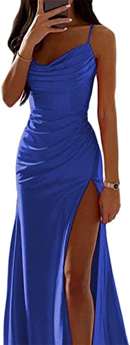 Frauen Spaghetti Strap Satin Kleid Elegante Meerjungfrau Kleid Lange A Linie Ärmelloses Kleid Sexy Hüfte Off Schulter Kleid Schlitz (Blau,S) von Yeooa