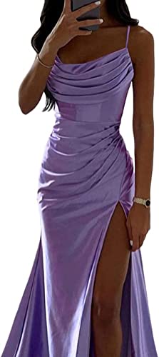 Frauen Spaghetti Strap Satin Kleid Elegante Meerjungfrau Kleid Lange A Linie Ärmelloses Kleid Sexy Hüfte Off Schulter Kleid Schlitz (Lila,M) von Yeooa