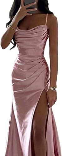 Frauen Spaghetti Strap Satin Kleid Elegante Meerjungfrau Kleid Lange A Linie Ärmelloses Kleid Sexy Hüfte Off Schulter Kleid Schlitz (Rosa,M) von Yeooa